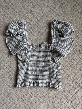 Maeve Black & White Checked Smocked Crop Top
